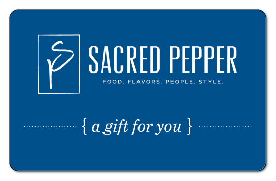 Sacred pepper  logo, 'a gift for you', over blue background